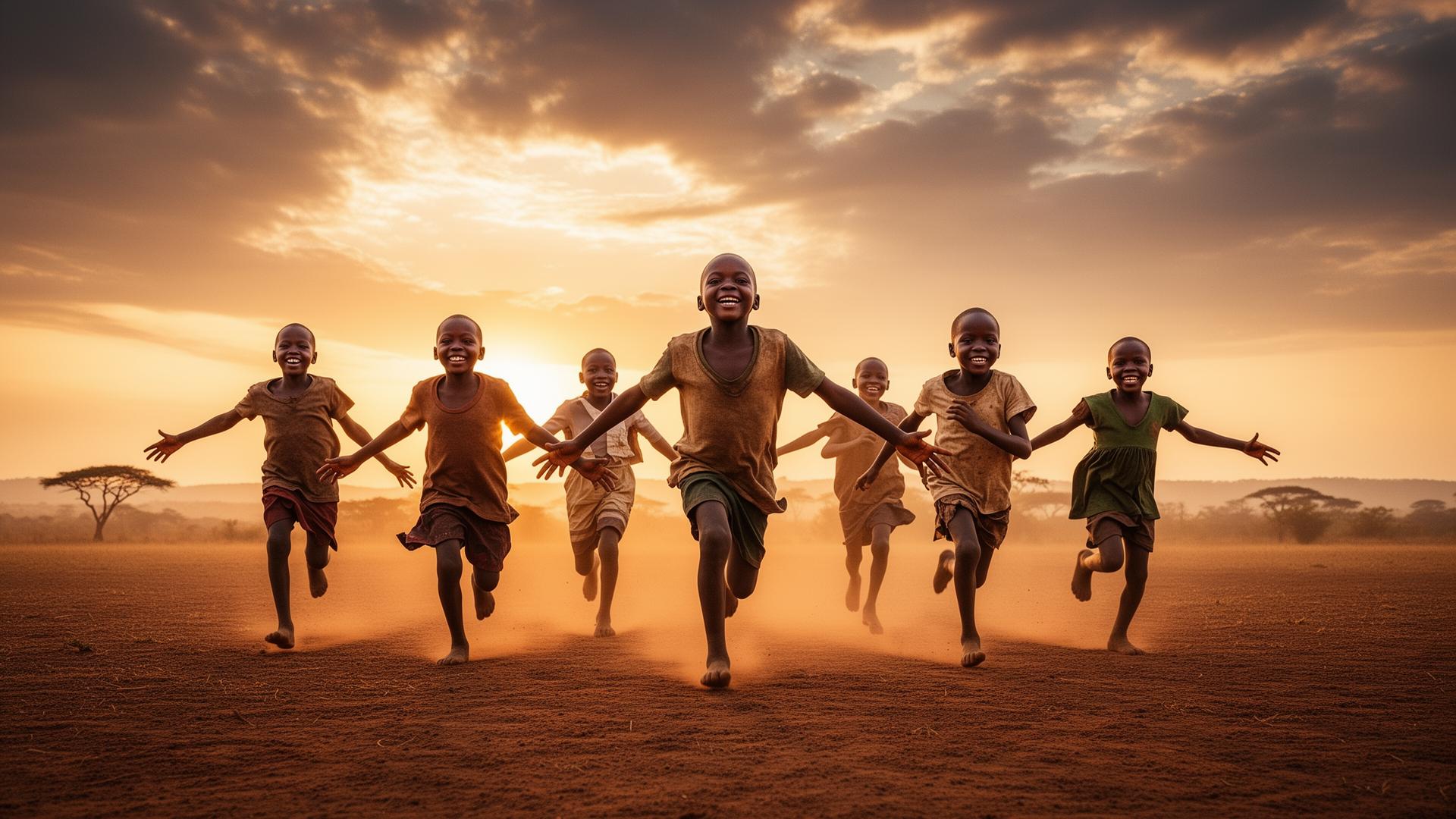 Kenyan children running joyfully at sunset